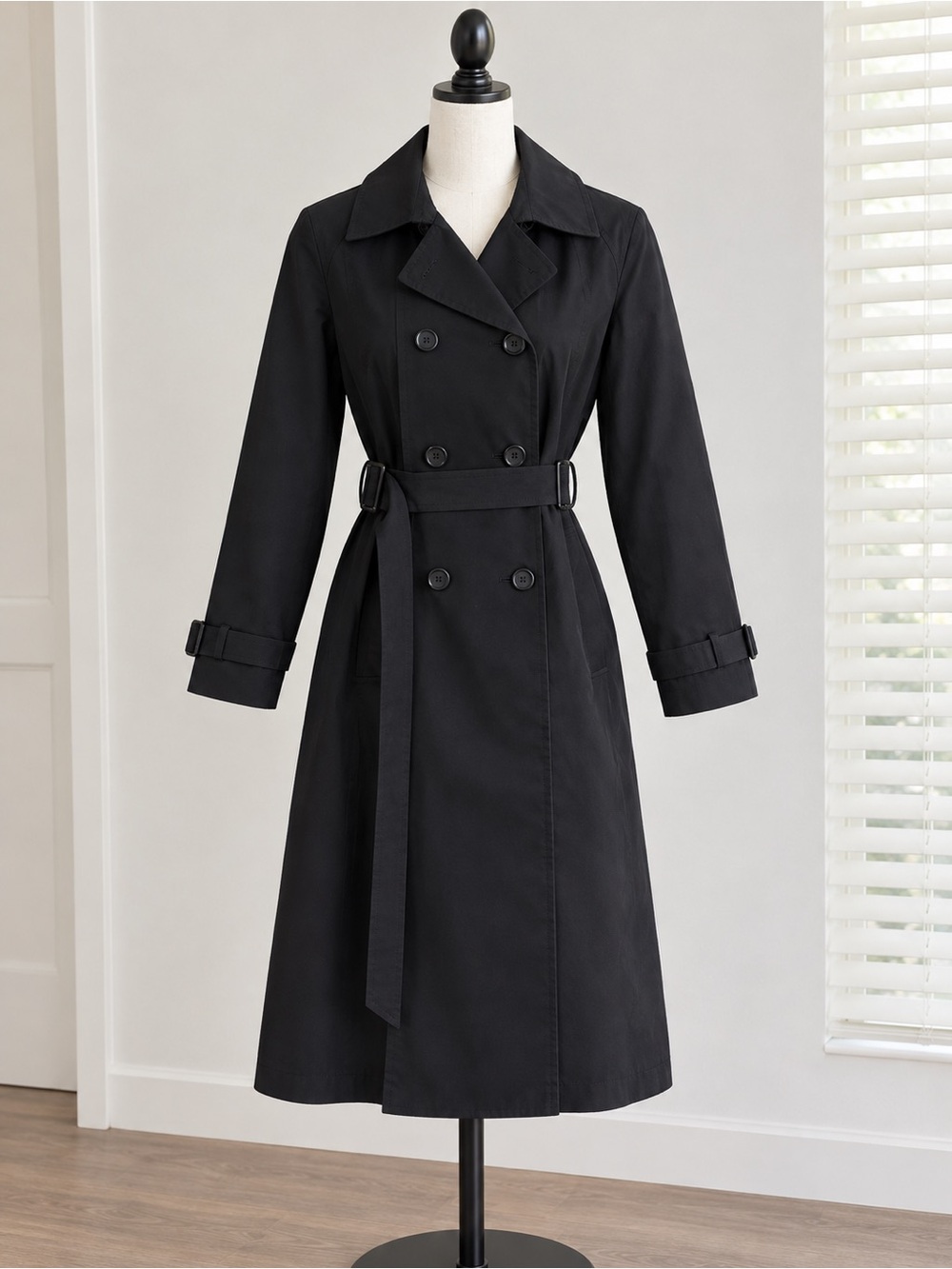 stradivarius Black Double-Breasted Long Trench with Belt